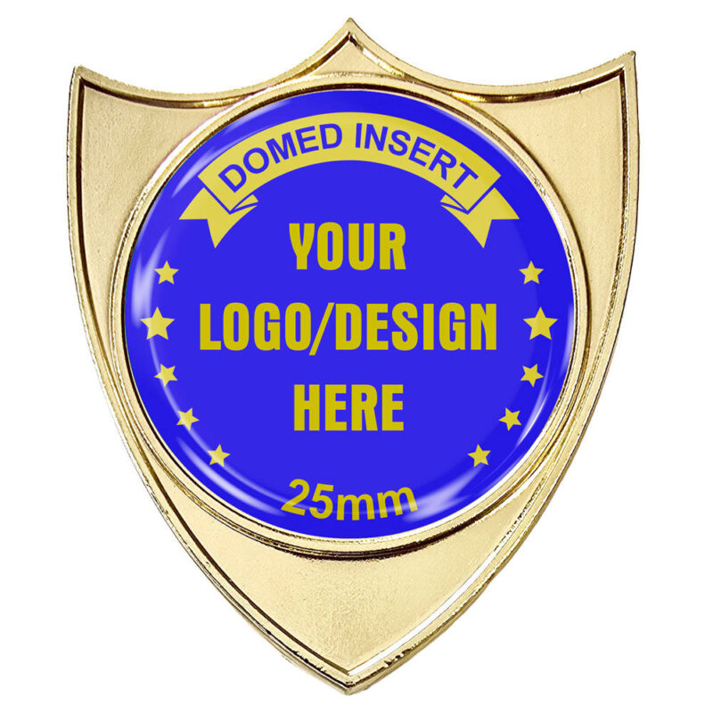 38mm gold shield badge with 25mm personalised domed centre