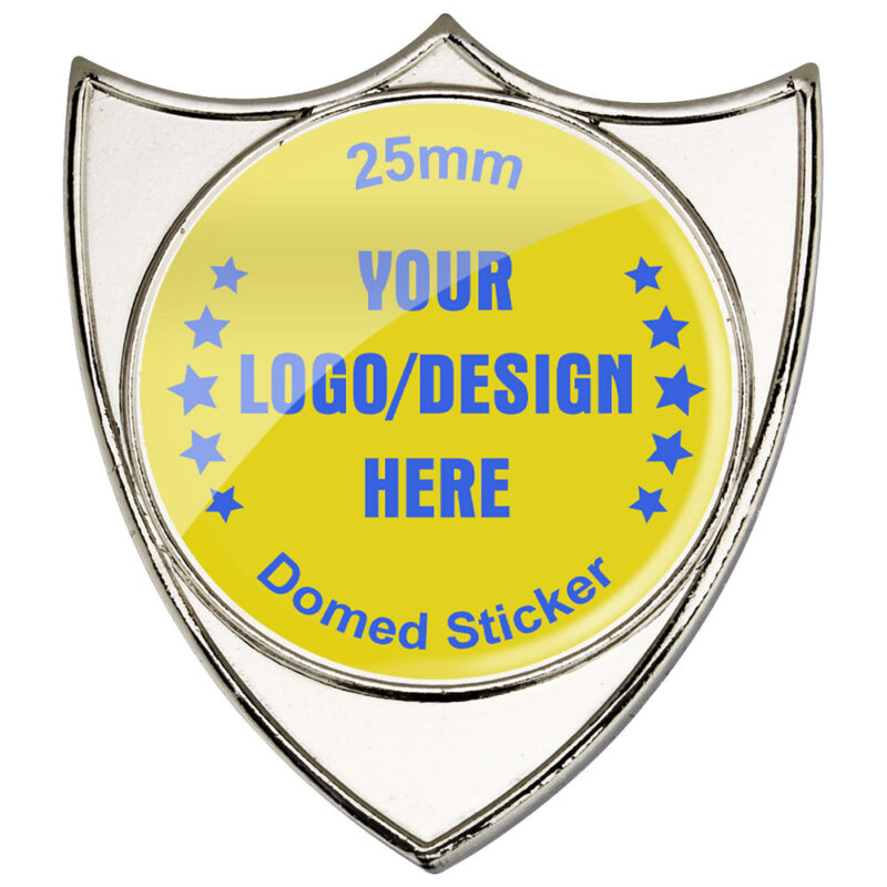 38mm silver shield badge with 25mm personalised domed centre