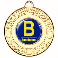 50mm gold personalised wreath medal with 25mm domed centre
