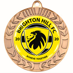 70mm antique gold personalised wreath medal with 50mm domed centre
